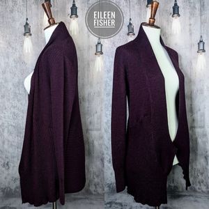 Eileen Fisher Mixed Texture Merino Wool Cardigan, raisin purple, size Small